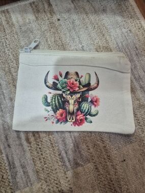 Canvas Mini Zip Pouch with Floral Bull Skull Print - Cream